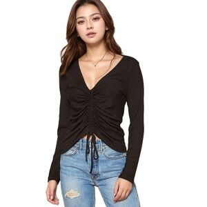 J. Society New York Black Ruched Front V-Neck Top Long Sleeve Drawstring, Large